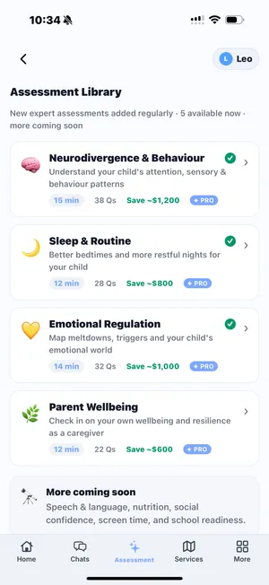 Parenta AI Assessment Library screen showing available neurodevelopmental assessments