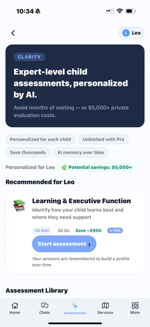 Parenta AI Clarity assessment intro screen explaining what the assessment covers