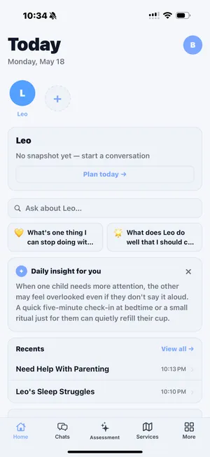 Parenta AI home screen showing today's chat threads and child profile cards