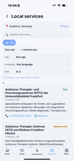 Parenta AI local services screen showing curated specialist providers near the parent