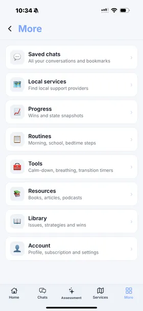 Parenta AI more tab showing Saved chats, Routines, Tools, Library and Account sections