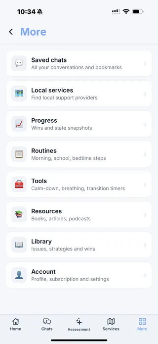 Parenta AI more tab showing Saved chats, Routines, Tools, Library and Account sections