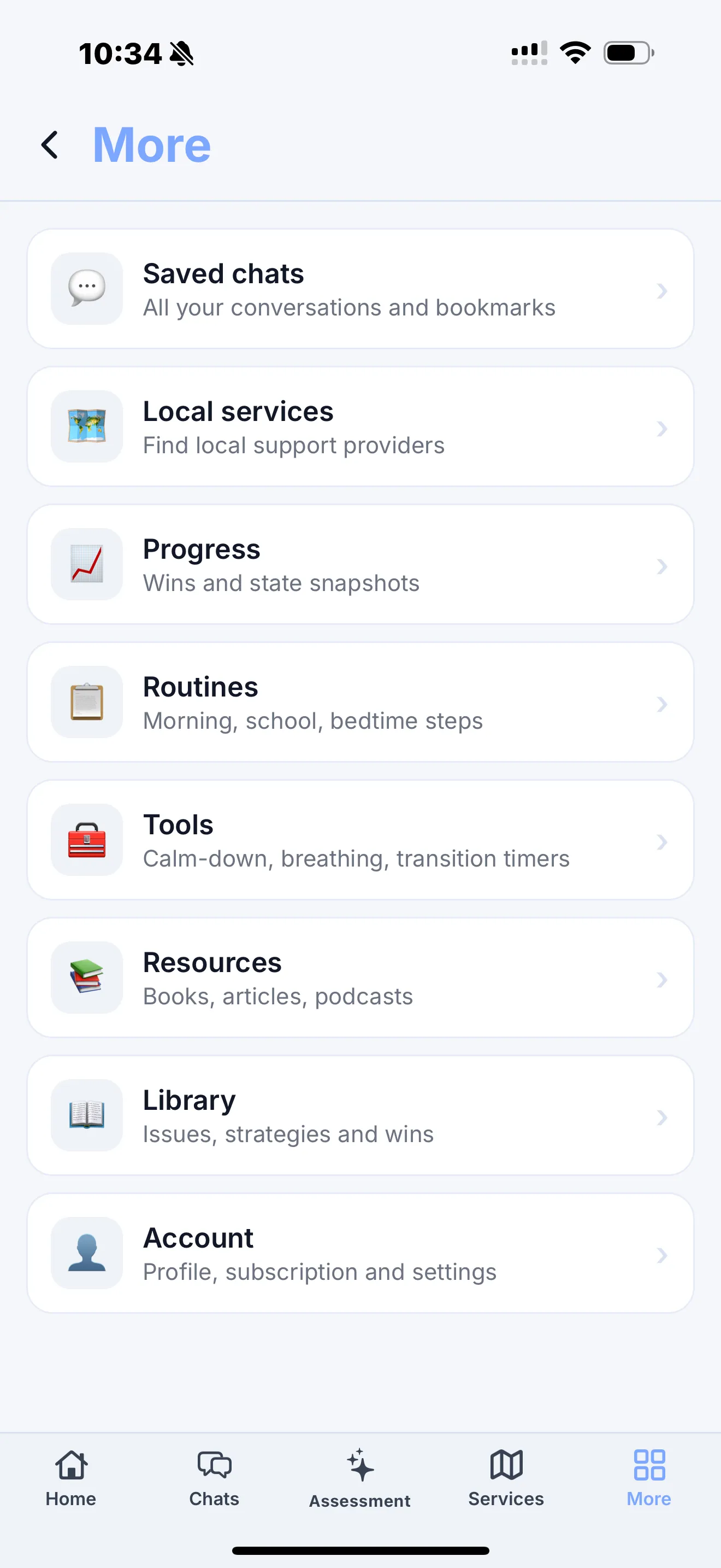 Parenta AI menu — tools, library, and settings